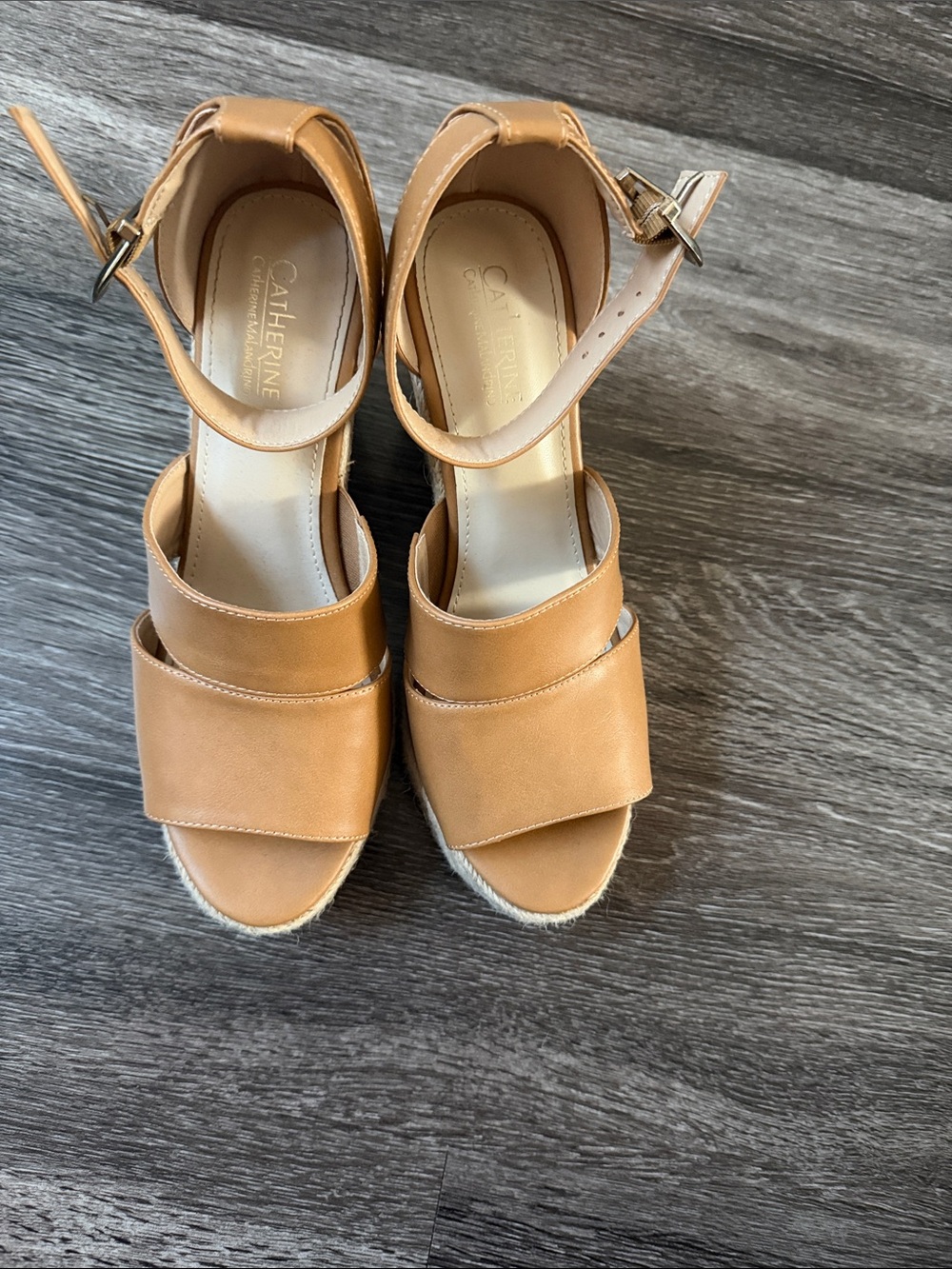Catherine Malandrino Tan Espadrille Wedge Sandals with Ankle Strap